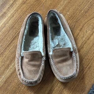 UGG Chestnut Suede Moccasin Slippers with Shearling Trim